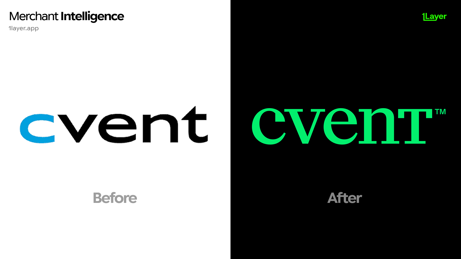 Cvent logo before and after the 2026 rebrand, showing the old blue sans-serif wordmark next to the new bright green serif wordmark on black