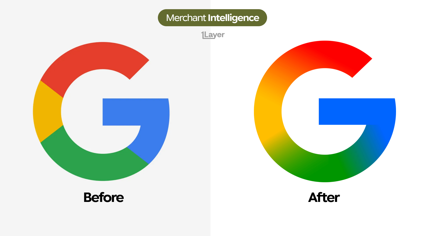 Google G logo before and after the 2026 change, showing the old four hard colour segments next to the new continuous red to yellow to green to blue gradient