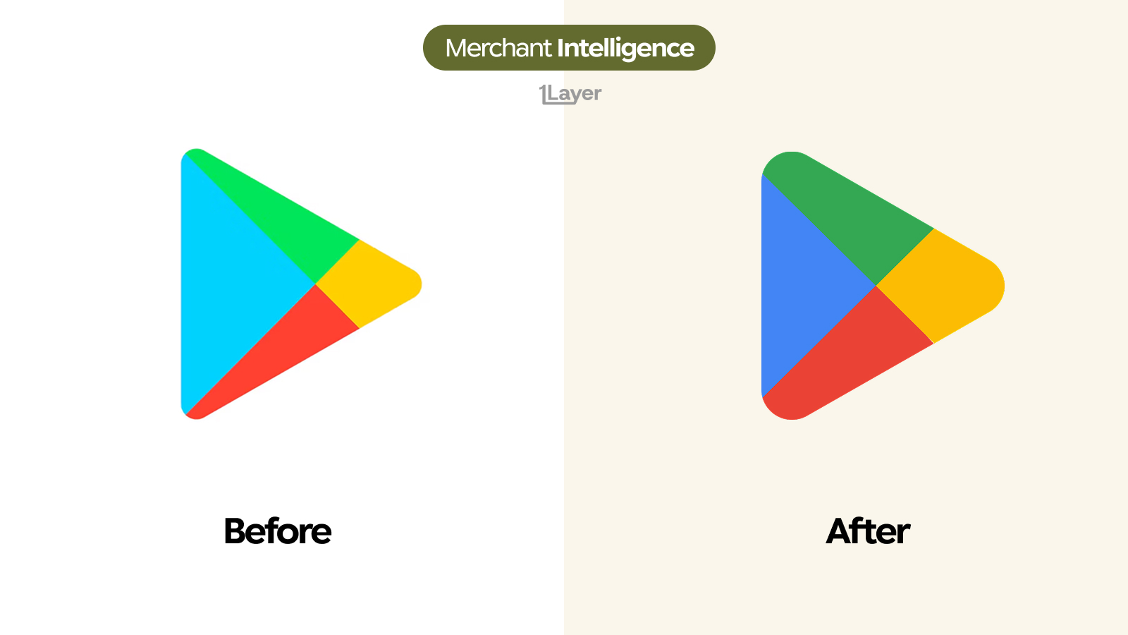 Google Play logo before and after the 2026 change, showing the old cyan, lime, yellow and red triangle next to the new version in Google blue, green, yellow and red with a rounder tip