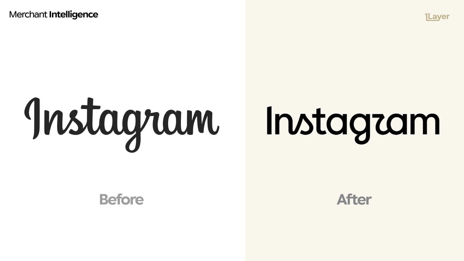 Instagram logo before and after the 2026 rebrand, showing the old handwritten script wordmark next to the new geometric letterform