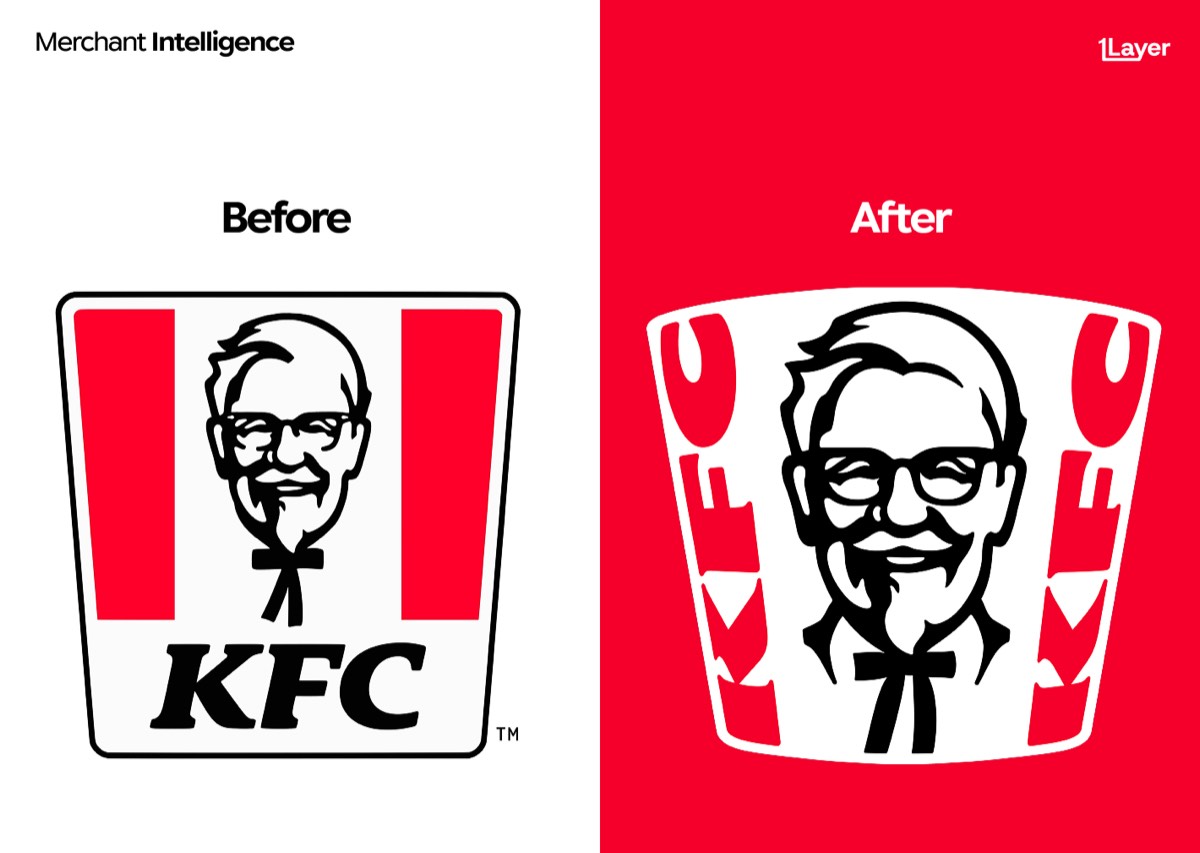 KFC logo before and after the 2026 rebrand, showing the old Colonel Sanders mark next to the new flatter design