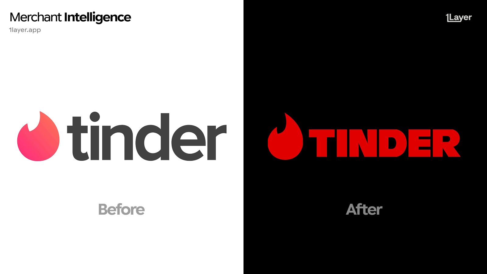 Tinder logo before and after the 2026 rebrand, showing the old gradient flame with a lowercase wordmark next to the new solid red flame with a bold uppercase wordmark on black